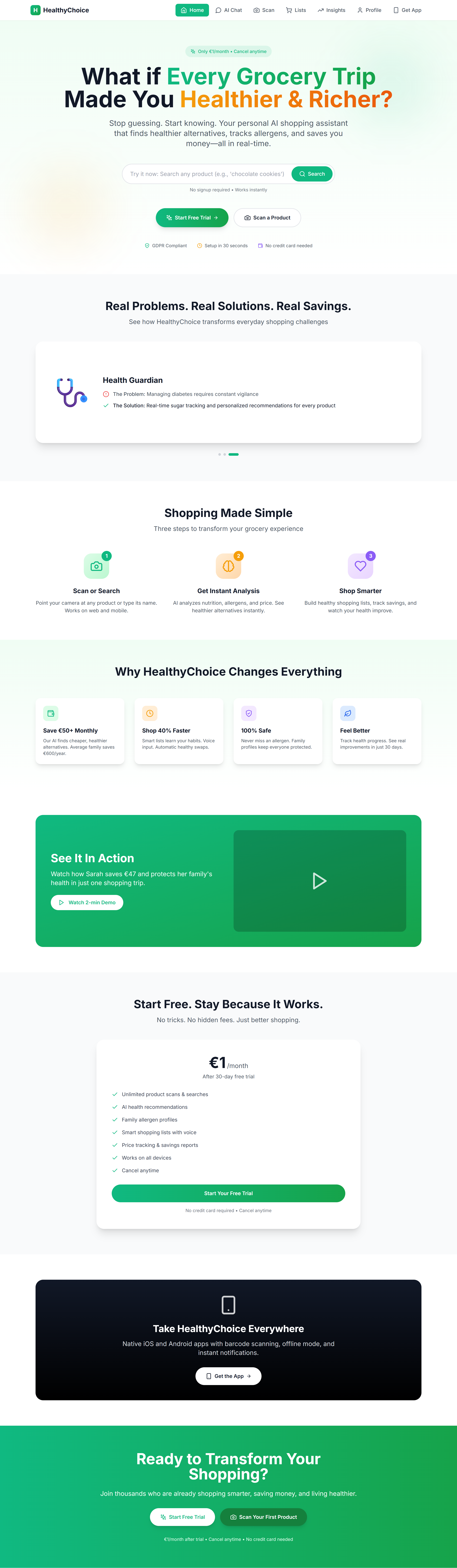HealthyChoice — AI Shopping Planner Platform homepage